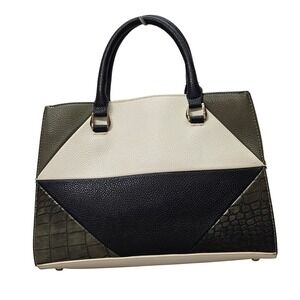 Charming Charlie Colorblock Satchel Handbag Cream Black Olive Sneak Faux Skin